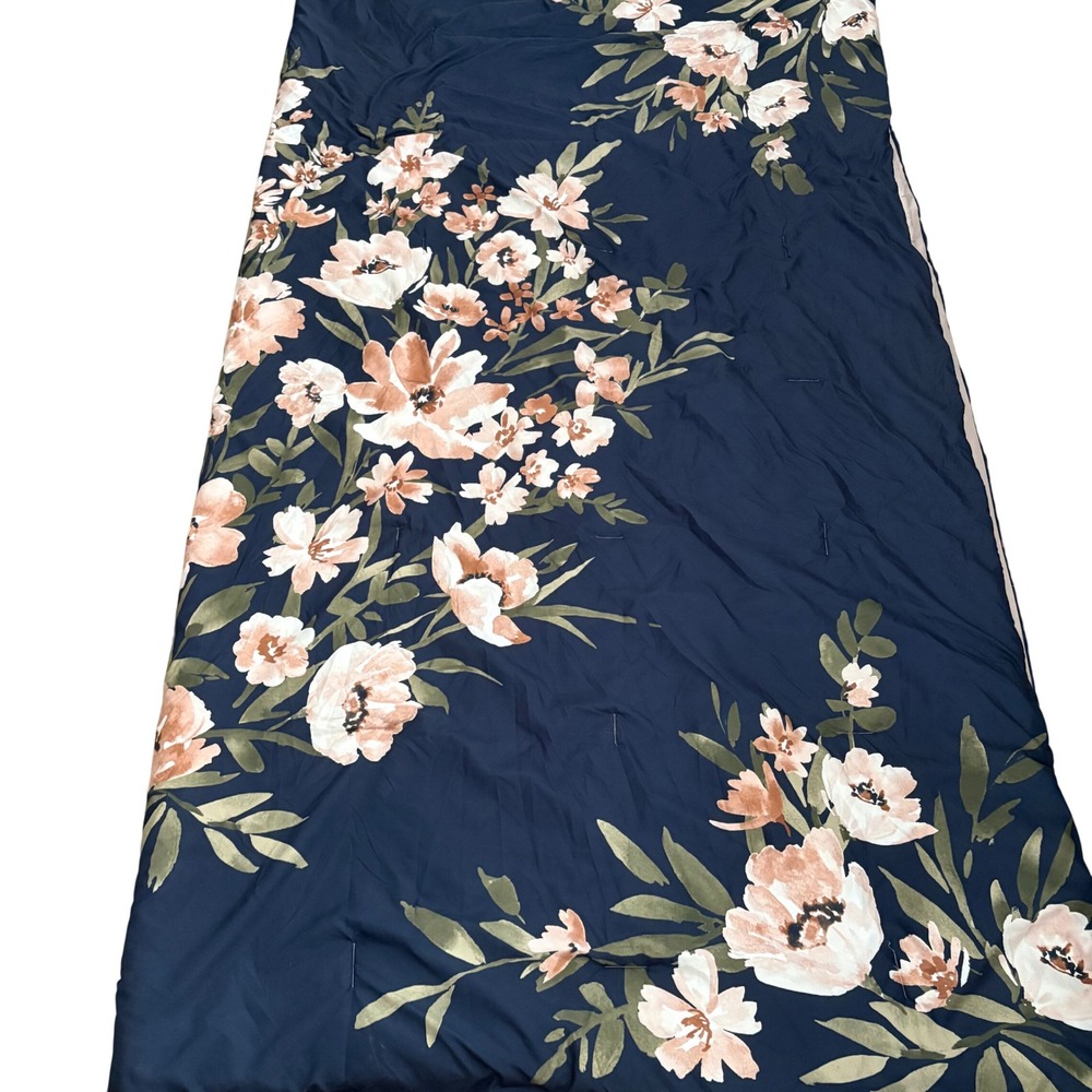 Navy Blue  Pink Floral King Comforter Polyester Peach Cream 108x94 Reversible
